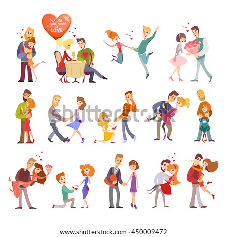 Great set of happy cartoon couples in love.Happy lovers on date,at dinner,hugging,dancing.Collection of couple silhouettes icons.Vector illustration isolated on white background