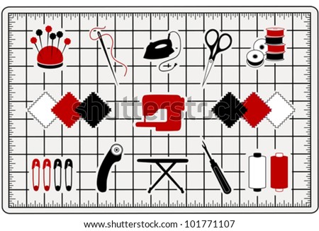 Quilt, Patchwork, DIY Icons. Cutting mat, pincushion, needle, iron, scissors, bobbins, fabric, fashion sewing machine, safety pin, rotary blade cutter, ironing board, seam ripper, thread.  EPS8.