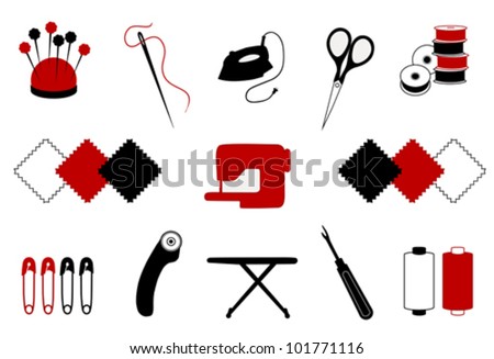 Quilt, Patchwork Tools for DIY craft, hobby: pin cushion, needle, iron, scissors, bobbins, fabric, sewing machine, safety pin, rotary blade cutter, ironing board, seam ripper, thread. EPS8 compatible.