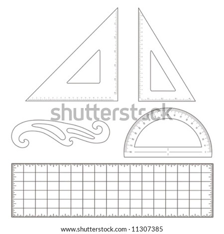 Drafting tools for engineering and architecture: 45 degree triangle, 60 degree triangle, ruler, French Curve, protractor, ruler. EPS8 compatible.