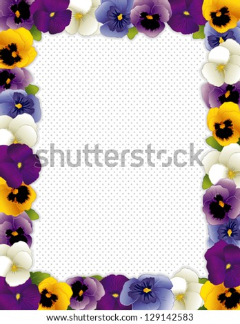 Pansy Flower Picture Frame, spring Violas in lavender, purple, blue, gold, white, polka dot background, copy space for posters, stationery, announcements, scrapbooks. EPS8 includes clipping path.