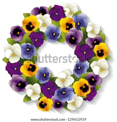 vector - Pansy Wreath. Spring Viola flowers in purple, lavender, blue, gold and white. Copy space. Isolated on white background. EPS8 compatible.