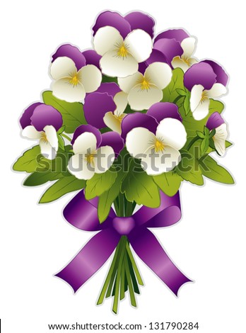 vector - Johnny Jump Ups Pansy Flower Bouquet. Spring flowers in purple and white with ribbon bow. Isolated on white background. EPS8 compatible.