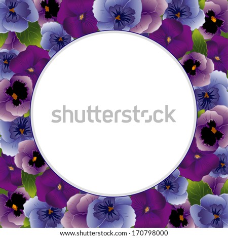 Pansy Flower Picture Frame. Spring Violas in lavender, purple, blue with round copy space for posters, stationery, scrapbooks, announcements. Also called Heartsease. EPS8 includes clipping path.