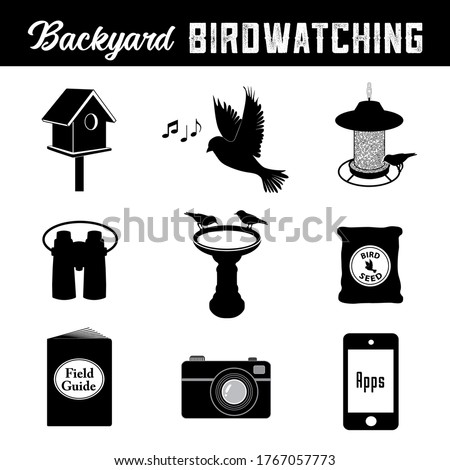 Birdwatching equipment and gear icons for the backyard birder, birdhouse, bird, song, bird feeder, binoculars, birdbath, bird seed, field guide, camera, smart phone and apps.