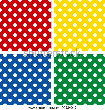 Seamless Patterns, White Polka Dots on red, yellow, blue, green backgrounds. EPS8 includes four pattern swatches  (tiles) that  will seamlessly fill any shape.