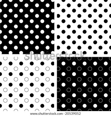Seamless Tiles, Black and White Polka Dots on reverse backgrounds.  EPS8 includes four pattern swatches (tiles) that will seamlessly fill any shape.