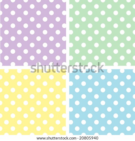 Seamless Patterns: Large White Polka Dots on Pastel Lavender, Yellow, Aqua, Green. EPS8 includes four pattern swatches (tiles) that will seamlessly fill any shape.