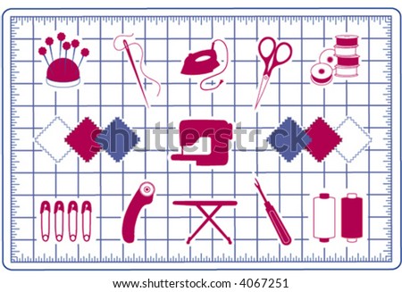 Quilt, Patchwork, DIY tools on cutting mat, pincushion, needle, iron, scissors, bobbins, fashion fabric, sewing machine, safety pin, rotary blade cutter, ironing board, seam ripper, thread. 