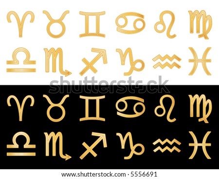 Horoscope Symbols. Twelve gold astrology signs of Zodiac isolated on black, white: Aquarius, Aries, Cancer, Capricorn, Gemini, Leo, Libra, Pisces, Sagittarius, Scorpio, Taurus, Virgo. EPS8 compatible.