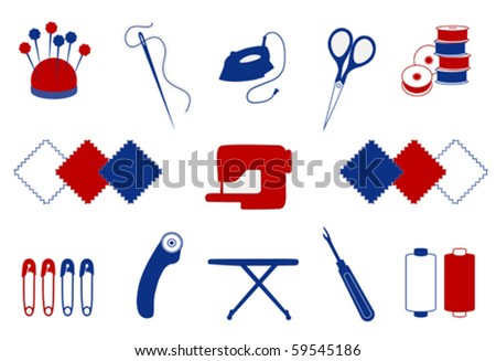 Quilt, Patchwork Tools for DIY sewing, quilting, crafts: pincushion, needle, iron, scissors, bobbins, fabrics, sewing machine, safety pins, rotary blade cutter, ironing board, seam ripper, thread.  