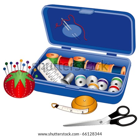 SEWING BOX. Needles, threads, bobbins, tape measure, thimble, strawberry pin cushion, straight pins, safety pins, dressmaker scissors, to sew, fashion tailor, embroider, crafts, diy. EPS8 compatible.