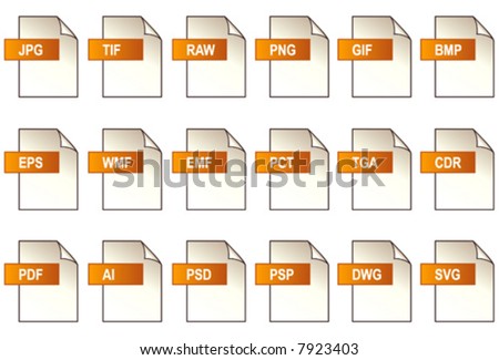 GRAPHICS FILE FORMAT ICONS. 18 icons of popular computer graphics media file extensions. EPS8 compatible.