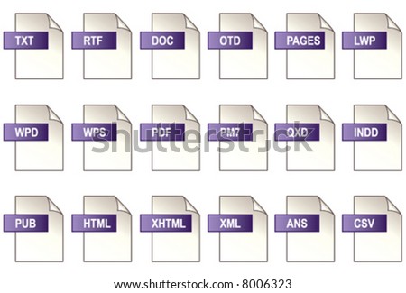 vector, Text Formatting File Icons. 18 icons of popular computer text formatting file format extensions. EPS8 organized in groups for easy editing.