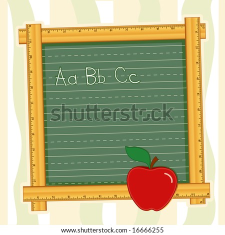 Wood Ruler Frame Blackboard. ABCs with an Apple for the Teacher. Copy space for text or art. For education, back to school, literacy projects, scrapbooks.