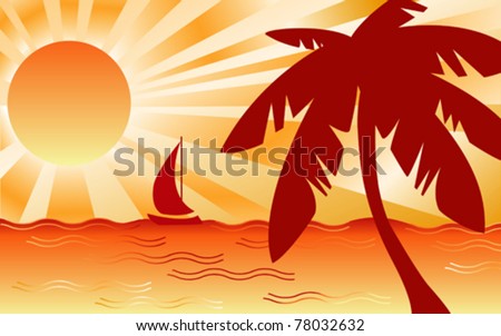 vector - Hot Tropical Landscape with palm tree, sailboat, ocean waves and hot summer sun. EPS8 organized in groups for easy editing.