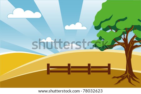 vector - Country Landscape with rolling hills, fence, fields, old oak tree. EPS8 organized in groups for easy editing.
