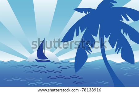 Cool Seaside Landscape. Tropical landscape with palm tree, sailboat, ocean waves, blue sky and cool breezes.