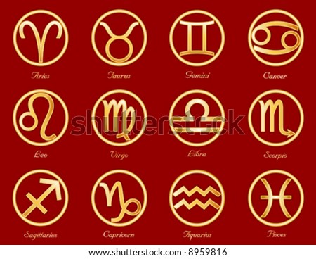 Horoscope Symbols. Twelve gold embossed astrology signs of Zodiac isolated on red: Aquarius, Aries, Cancer, Capricorn, Gemini, Leo, Libra, Pisces, Sagittarius, Scorpio, Taurus, Virgo. EPS8 compatible.