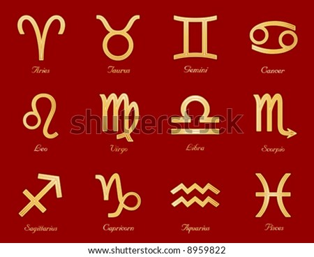 Horoscope Symbols. Twelve gold embossed astrology signs of Zodiac isolated on red: Aquarius, Aries, Cancer, Capricorn, Gemini, Leo, Libra, Pisces, Sagittarius, Scorpio, Taurus, Virgo. EPS8 compatible.