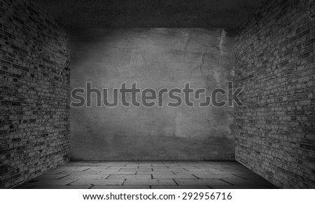 black and white room interior background, plastered wall texture brick walls and sidewalk, black ceiling, halloween background