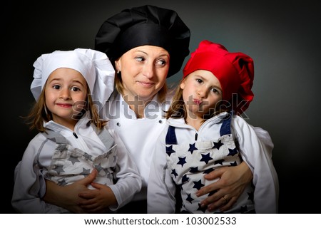 mom and children in cook chef suit