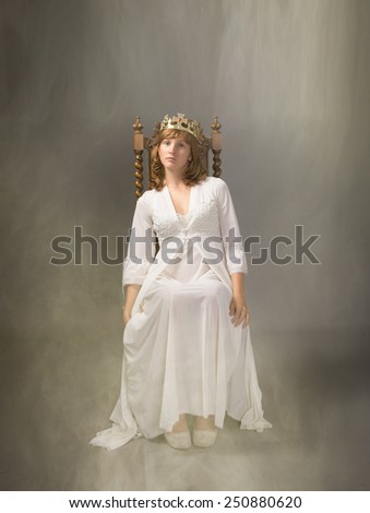queen sitting in a foggy throne room