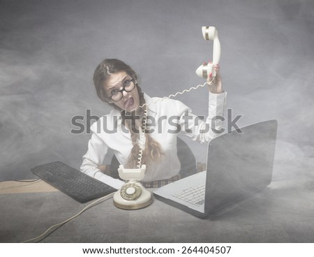 nerd secretary in an office situation with dark background behind