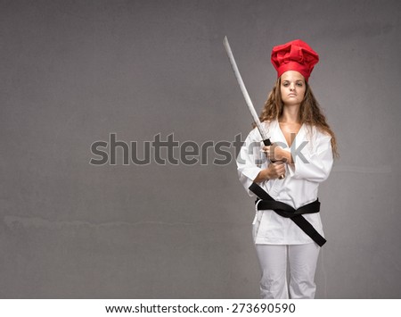 sushi restaurant girl ready for work, gray background