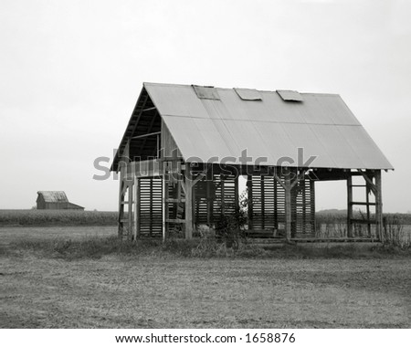 Black and white image of old farm building.  Cornfield and another old building in the background.