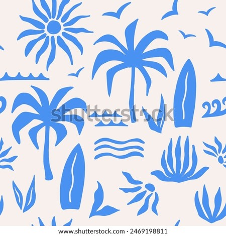 Abstract tropical seamless pattern with palm leaves, surfboard and sun. Hand drawn minimal art background. Surface cover design. Fabric textile print.