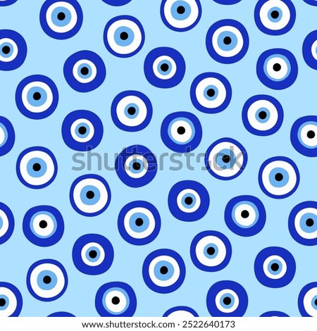 Seamless pattern with Evil eyes. Esoteric mystical blue background. Cute hand draw icons. Modern talisman amulet design for a poster, sticker, home decor. Fabric textile print. Boho art illustration.