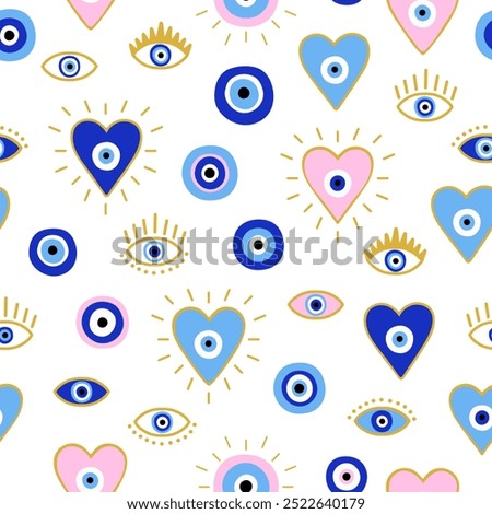 Seamless pattern with Evil eyes and hearts. Esoteric mystical background. Cute hand draw icons. Modern talisman amulet design for a poster, sticker, home decor. Fabric textile print. Boho art illustra