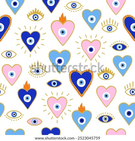 Seamless pattern with Evil eyes and hearts. Esoteric mystical background. Cute hand draw icons. Modern talisman amulet design for a poster, sticker, home decor. Fabric textile print. Boho art illustra