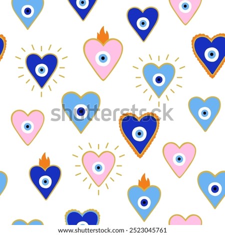 Seamless pattern of hearts with flame and Evil eyes. Esoteric mystical background. Cute hand draw icons. Modern talisman amulet design for a poster, sticker, home decor. Fabric textile print. Boho art