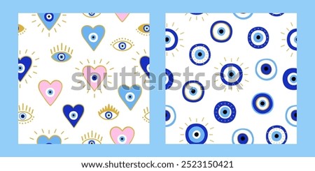 Set of seamless pattern of Evil eyes and hearts. Esoteric mystical background. Hand draw ornament. Modern talisman amulet design for a poster, sticker, home decor. Fabric textile print. Boho art illus