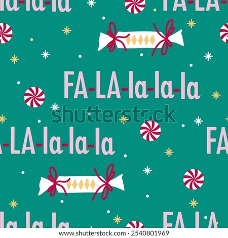 Festive vector seamless Fa la la la pattern with snowflake and candy. Christmas wrapper background. Green, red, pink and gold color. Surface cover design. Fabric textile print.