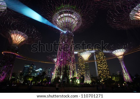 Singapore - August 16, 2012: The Supertree Grove at Gardens by the Bay in Singapore. Gardens by the Bay is a park spanning 101 hectares of reclaimed land at Marina Bay, Singapore.