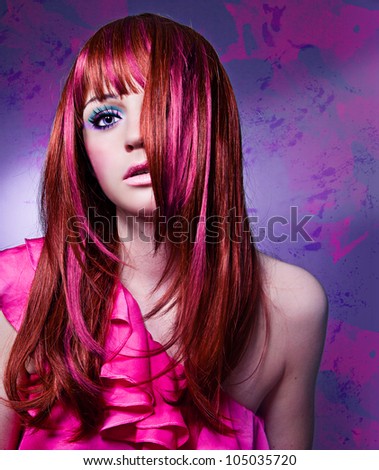 girl with beautiful colored red hair and flashy make-up