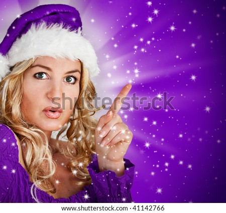 attractive Santa-woman with stars and snowflakes