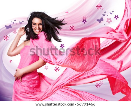 beautiful girl with a pink dress and flying hair