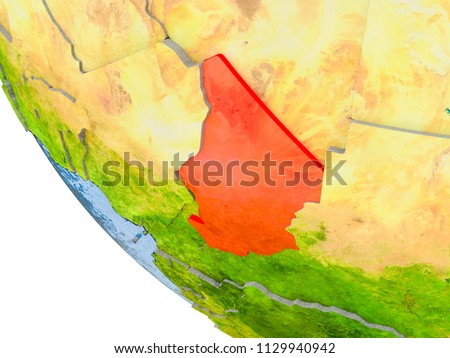 Map of Chad in red on globe with real planet surface, embossed countries with visible country borders and water in the oceans. 3D illustration. Elements of this image furnished by NASA.