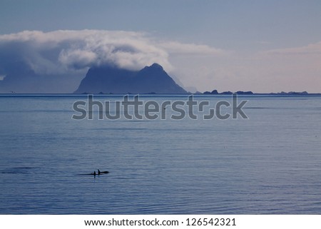 Scenic seascape panorama with two killer whales sailing out into the sea