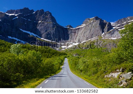 Scenic road on Lofoten islands in Norway on sunny summer day