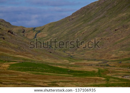 View towards Wrynose Pass in Cumbria, one of the highest mountain passes in England
