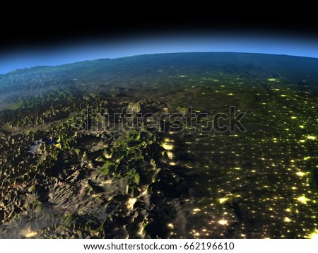 Central USA from space  at night with visible illuminated city lights. 3D illustration with detailed planet surface. Elements of this image furnished by NASA. Zdjęcia stock © 