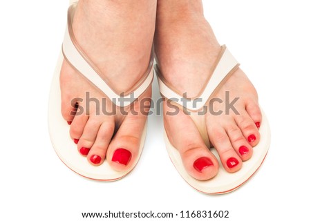 Female Feet In Sandals On A White Background Stock Photo 116831602 ...