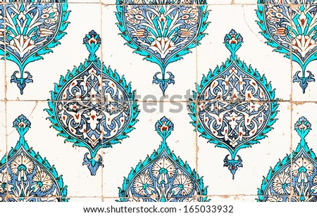 Ancient blue and cyan ceramic plates from the Topkapi palace in Istanbul, Ottoman era