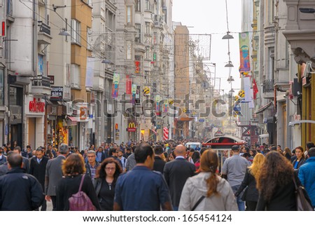 ISTANBUL - NOV, 21: The crowded Istiklal Avenue in the Beyoglu district of Istanbul, Nov 21, in Istanbul, Turkey 2013