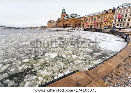 STOCKHOLM, SWEDEN - JAN 30; Nybrokajen at winter with old vintage ships at quay. 2014 in Stockholm, Sweden.